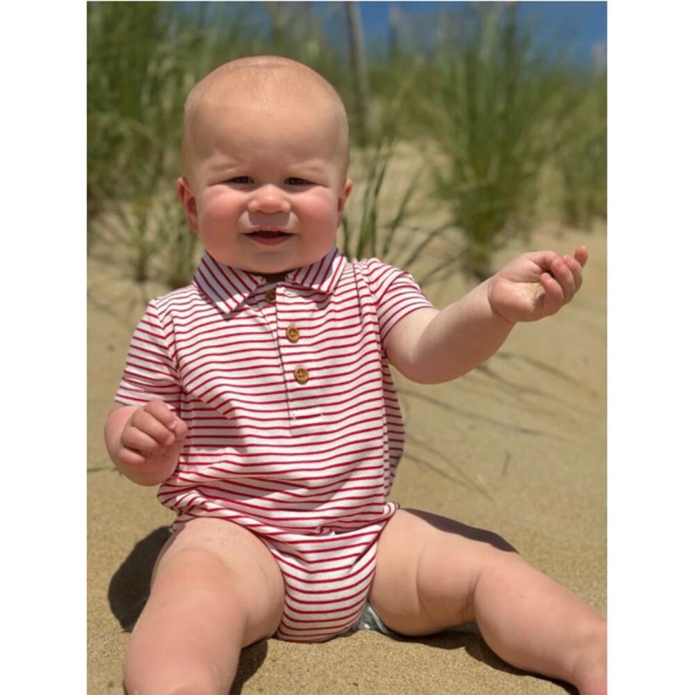 Me & Henry Baby Red White Jetty Polo Jersey Onesie Size 6-9 M